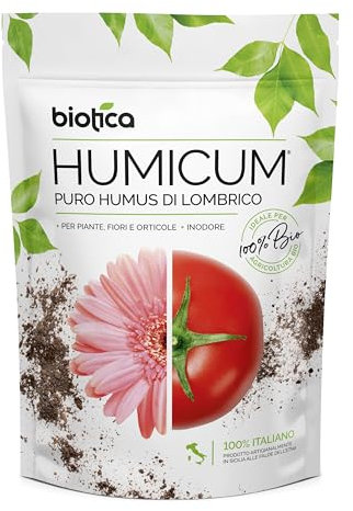 BIOTICA HUMICUM Humus de Vers de Terre - 2 Litres - 100% Fertilisant Naturel - Idéal comme engrais pour plantes légumes fleurs pelouses et arbres fruitiers - Terreau universel Humus de Lombric