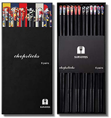 SUPJOYES 6 paia di bacchette in fibra di vetro: bacchette giapponesi riutilizzabili lavabili in lavastoviglie, 24 cm, set regalo con diversi motivi asiatici, antiscivolo
