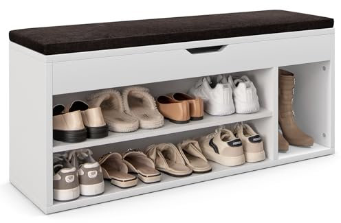 RELAX4LIFE Schuhbank, Schuhablage mit 3 Ablage & Stauraum, Schuhtruhe mit Sitzfläche, Schuhregal für niedrige & hohe Schuhe, Sitzbank für Wohnzimmer & Flur & Schlafzimmer, 104 x 30 x 48 cm (Weiß)