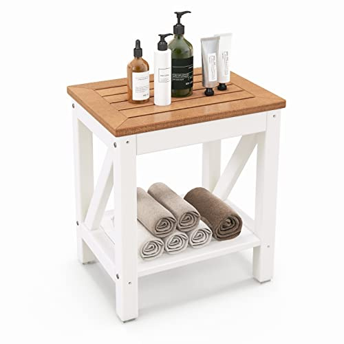 COSTWAY BA7863CFDE Duschbänk, badrum, sittbänk med hylla som kan belastas upp till 150 kg, vattentät badrumsbänk, duschstol, för vuxna, brun + vit (43 x 32 x 47 cm)