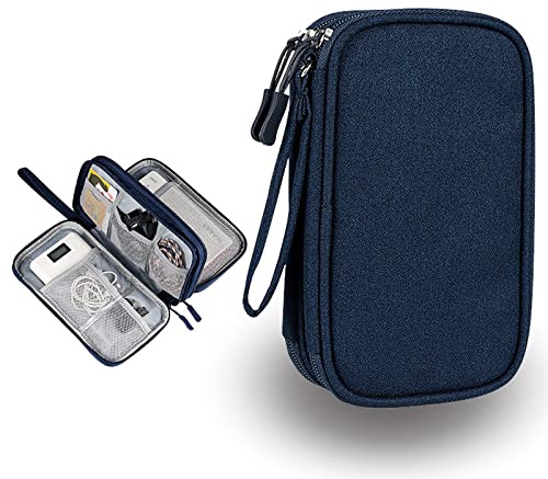 ACONDE Elektronisk väska organiserare dubbla lager universell kabelväska fodral elektroniktillbehör mobiltelefon laddare powerbank, Blå, 21 × 12.5 × 6 cm