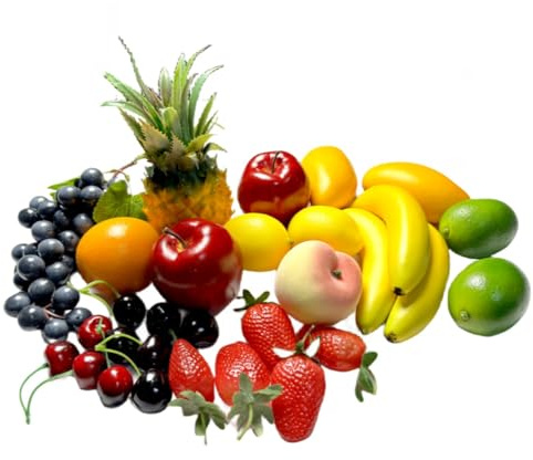 26pcs Artificial Fruits Fake Realistic Fruit Modle for Photoshoot Decor Artificial Pineapple Green & Yellow Lemon Black Grapes Bananas Orange Apple Peach Strawberries Mango Plastics Cherry