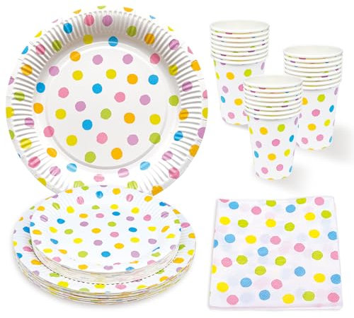 Pappteller, Dessertteller, Servietten, Pappbecher 96 Stück Partygeschirr Set Gepunktet Bunt für Kindergeburtstagsparty Geburtstag Tischdekoration Geschirrdekoration