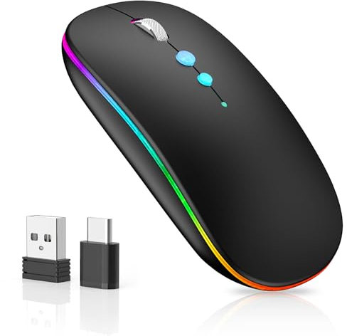 LED Funkmaus für Computer,Kabellos Tragbare PC Maus Wiederaufladbar mit 2,4GHz USB/USB-C Dual Empfänger, DPI,Zurück Taste-kompatibel mit TypeC-Geräten/AppleMacBook Air/Pro,iPad,Laptop,Tablet (Schwarz)