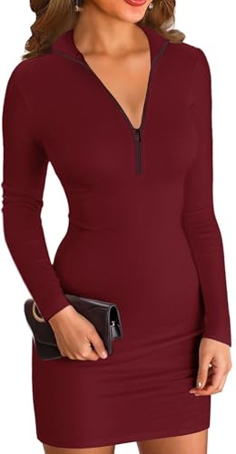 ELFIN Robe Moulante pour Femme Manches Longues côtelées Fermeture éclair Col Montant Courte Robe de Sport Automne Décontractée Rouge Bordeaux, L