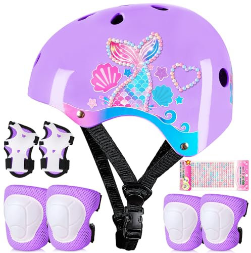 Kinderhelm für 3-8 Jahre, Unicorn Castle Kinder Fahrradhelm Mädchen, Verstellbar Kinder Protektoren Schutzausrüstung Kinder Knieschützer Set,Purple