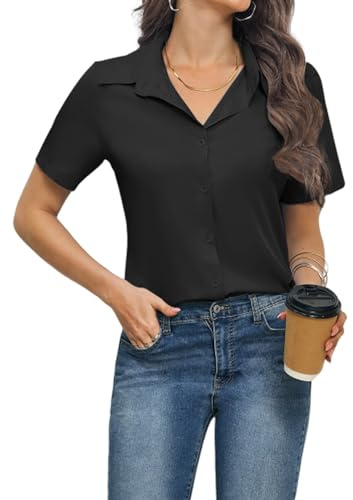 Zeagoo Blusa Mujer Elegante Camisa Trabajo Manga Corta Blusa Cuello V con Botones Top Casual Oficina - Camiseta Verano