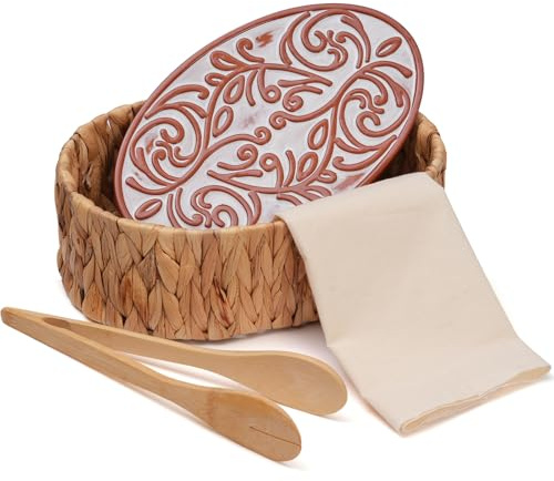 Bread Warmer Basket with Stone - Includes Linen Towel and Clips,Bread Baskets for Serving Tortilla,Sourdough,Terracotta Loaf Warmer Gifts for Hostess Gifts New Home,Sourdough Bakers,Mom Dad Birthday