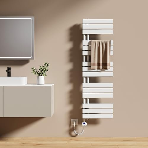EMKE Scaldasalviette Elettrico con Termostato 132x40 cm, 600W Bianco, Scaldasalviette a Basso Consumo, Resistenza Riscaldante con Timer, Termoarredo Bagno, Scaldasalviette Elettrico Bagno