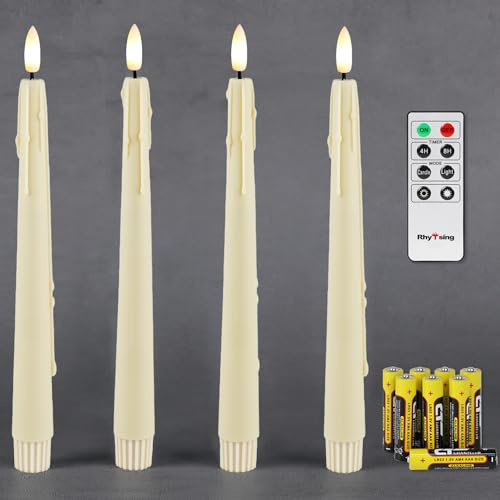 Rhytsing 4 Natural White Flameless Taper Candle with Remote,Battery Operated Led Taper Dinner Candles with Timer, Wax Dripping Design, 8 Batteries Included - H 24.5cm