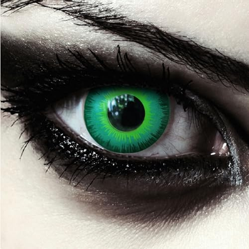 DESIGNLENSES lentilles journalières couleur vert toxique pour halloween costume de zombie, 1 paire (2 pcs), sans correction (Green Elfe, 14.00, 0.00, Dioptres)
