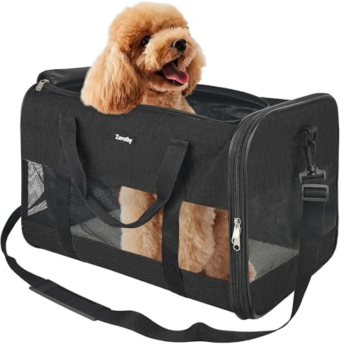 Zavothy Bolsa de transporte para gatos y perros, bolsa de transporte, transpirable y plegable, caja de transporte para gatos con correa de hombro ajustable, colchón de felpa extraíble (negro, L)