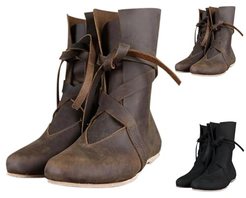 Generisch Bottes slip-on médiévales Renaissance pour hommes, bottes punk à lacets rétro médiévales, bottes de chevalier, chaussures à lacets souples et confortables en cuir, chaussures de loisir