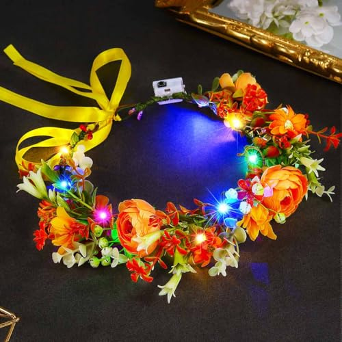 Atigy Light Up Flower Headbands LED Wreath Head Garland Floral Festival Hair Accessories for Women