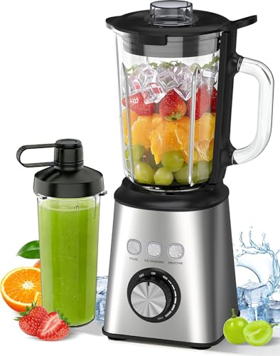 Batidora de Vaso 1000W, Licuadora con Vaso de Cristal 1.5L + 600ml, Regulación de Velocidad Infinita, 24000 RPM, para Picar Hielo, Smoothies, Zumos, Batidos, Verduras - Acero Inoxidable (plata)