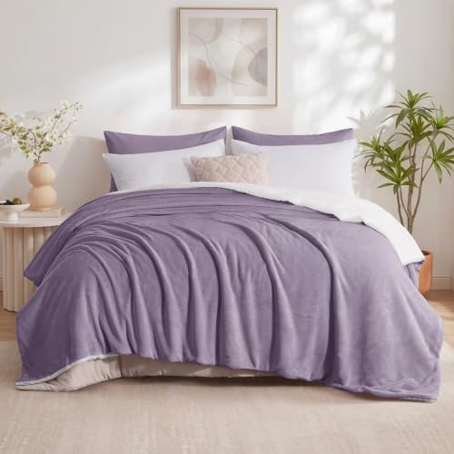 Aisbo Sherpa Fleece Blanket Lavender - Fluffy Thick Blanket for Bed Large Throw, Warm Soft Solid Microfiber Blankets King Size Throws for Couch Sofa, 200x240cm