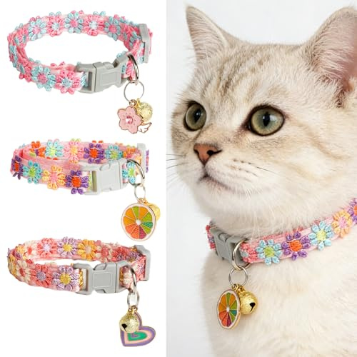Lot de 3 colliers brodés floraux pour chat avec clochettes et cœur, fleur, pendentif orange, collier réglable pour chat avec boucle amovible de sécurité 19-31 cm