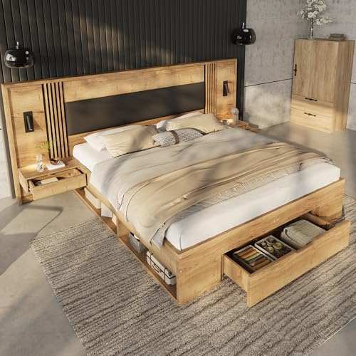 Zepneiy Lit 180x200 avec sommier et 2 Tables de Chevet, Lit Double en Bois avec Lampe de Lecture pour Jeunesse, Naturelle (sans Matelas)