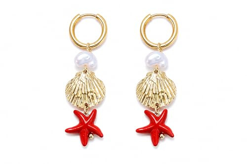 MAJALE Boucles d'oreilles créoles dorées pour femme avec motifs marins, poissons, coquillages, étoiles de mer et corail, acier inoxydable hypoallergénique, résistantes à l'eau