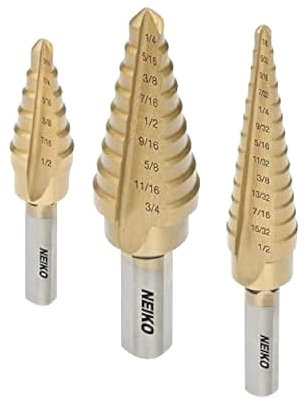 Neiko 10193A Titanium Step Drill Bit Set, High Speed Steel | 3-Piece Set | Total 28 Sizes by Neiko
