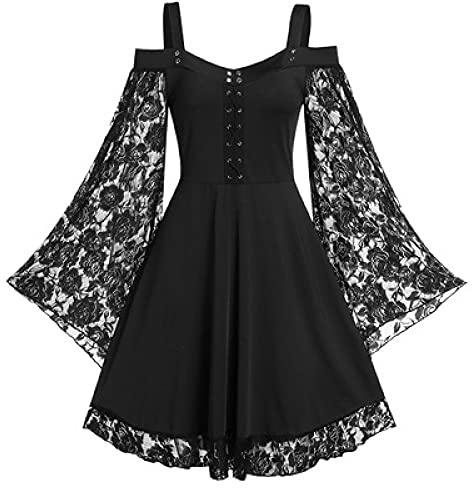 Robe Gothique Vintage en Dentelle Patchwork pour Femmes, Grande Taille, Bandage Gothique, Robes à Bretelles Spaghetti, Noir, Taille L