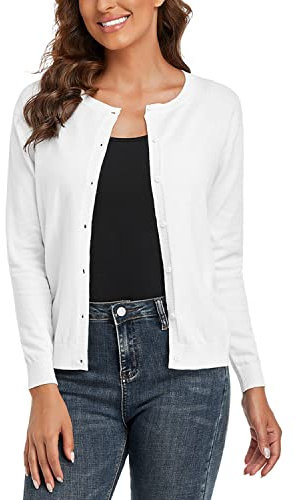 CUNYI Women’s Cardigan Long Sleeve Sweater Lightweight Classic Crew Neck Ladies Coat with Buttons Casual Open Front Elegant Outerwear, Pure White L