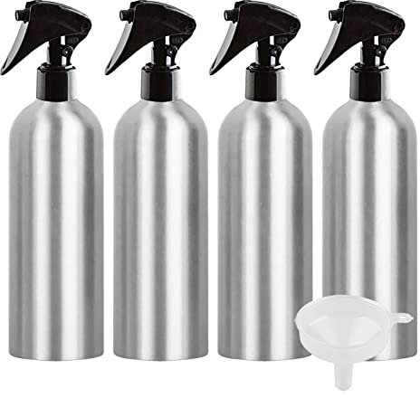 ZEOABSY 4 Pezzi 500ml Spruzzino con Flacone in Alluminio, Spruzzatore per Acqua in Alluminio Vuoto, Bottiglia con Erogatore Spray Nero per Giardino, Parrucchieri, Casa + 1 Pezzi Imbuto
