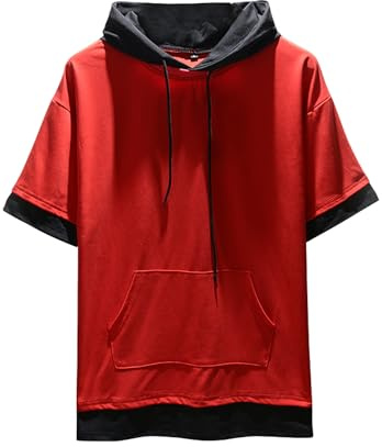 Covisoty Sweat Manche Courtes Hoodie Cotton T-Shirts à Capuche Eté Couleurs Contrastées Sweatshirt à Poche Rouge L