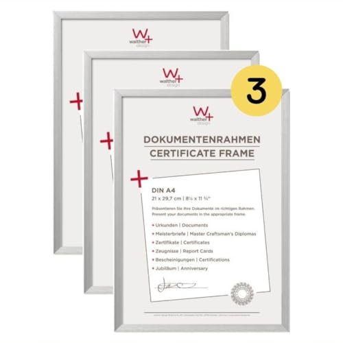 walther design Chair AJ130S3, Cornice, 21 x 29.7 cm (Formato DIN A4), in Alluminio, per Incorniciare Documenti, Confezione da 3 Pezzi, Argento