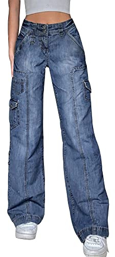 DINGJIUYAN Pantalon en jean Y2k Grunge pour femme, style cargo, jambes larges évasées, multi-poches, denim décontracté, XXL