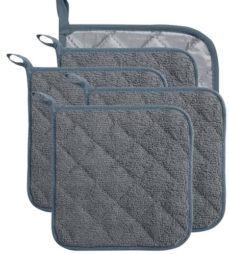 5 Pack Terry Cloth Pot Holders for Kitchen Heat Resistant, 7 x 7 Inch Insulated Oven Square Hot Pads, Potholders Sets for Kitchen Cooking and Baking (Gray)