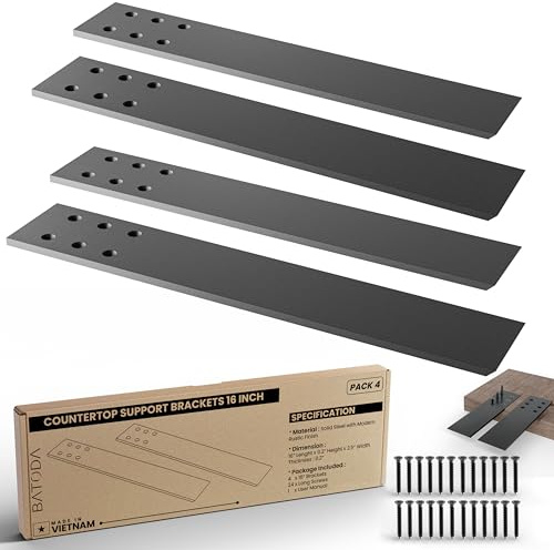 BATODA 16 Countertop Mounted Support Brackets (4 pcs) for Granite - Heavy Duty L Shelf Bracket - DIY Open Shelving Knee Wall Support - Mounting Hardware Included (Pack 4)