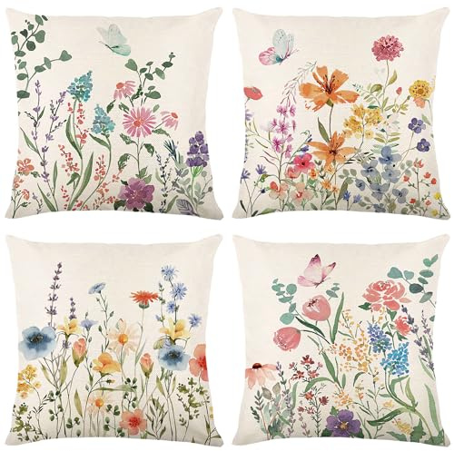 ONFAON Spring Decorations for Home - Spring Pillow Covers 18x18, Outdoor Pillow Covers Springtime Farmhouse Throw Pillow Cover Garden Linen Cushion Case for Home Decor