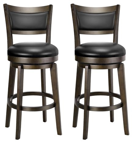 PrimeZone Swivel Bar Stools Set of 2, 26 Inch Counter Height Barstools, Black Faux Leather Bar Stool with High Backrest & Solid Wood Legs & Wrap-around Footrest, Counter Stools for Kitchen Island, Pub