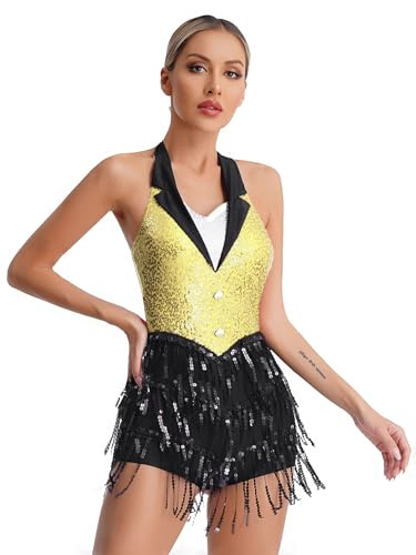Freebily Vestido De Baile Latino Para Mujer Leotardo Sin Mangas Con Flecos Leotardo Gimnasia Rítmica Patinaje Ropa De Baile Salón Jazz Traje De Actuación Amarillo XXL