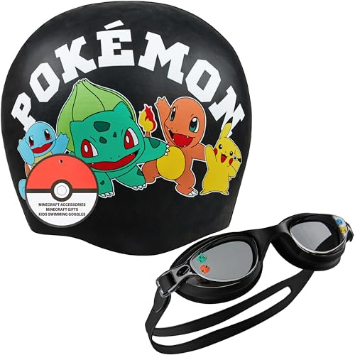 Get Trend Pokemon Gafas Natacion y Gorro Piscina Niño y Niña Pikachu Gafas Piscina Niños Protección UV Antivaho Gorro Natacion Silicona (Negro Pokemon, 4-12 Años)