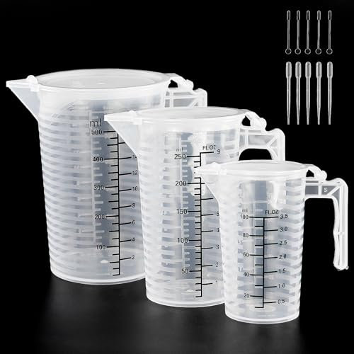 Set di 3 bicchieri graduati da 100 ml, 250 ml, 500 ml, in plastica trasparente, misurino con coperchio, 3 pipette da 3 ml, 3 bastoncini per mescolare, cucina, cottura e cottura