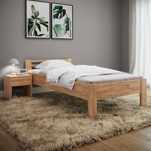 skølm Fenrir Bett 100x200 cm Eiche, Einzelbett, Seniorenbett aus Massivholz Eiche, Bettgestell aus Holz Natur geölt
