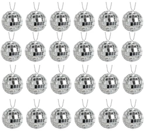 Lot de 24 mini boules disco argentées - Décoration avec corde - Pour DJ, club, Noël, Saint-Valentin, arbre de mariage