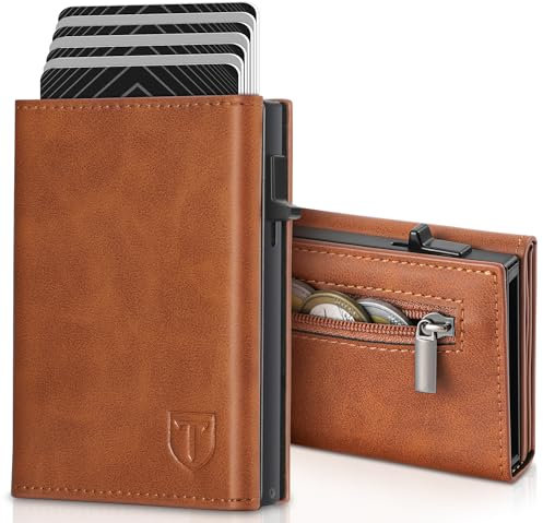 TENBST Geldbörse Herren Ultra Slim mit Kartenschub & RFID - Portmonee Kartenetui Geldbeutel für 8 Karten/Bargeld/Münzen 80% Dünner - Flugzeug Alu & Kunstleder in Geschenkbox
