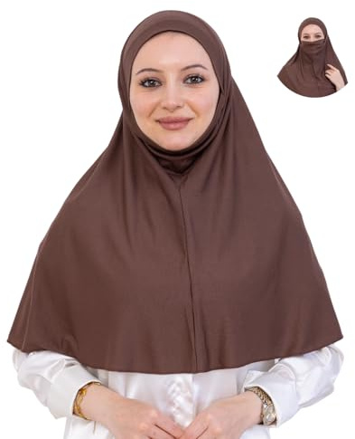 Prien Easy To Wear Hijab For Women, Muslim Instant Turban With Niqab, Islamic Clothes, Soft Scarf For Prayer, Abaya, Khimar (Brown)