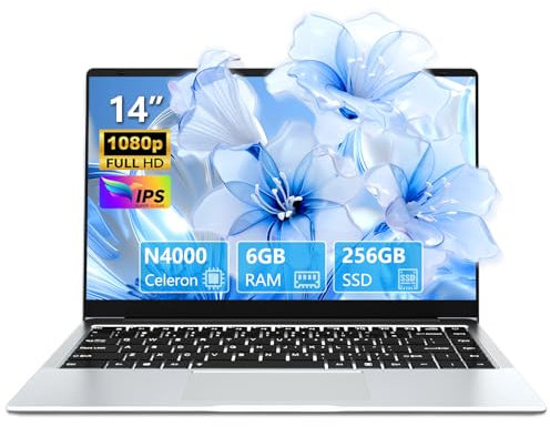 Ordinateur Portable 14,1 Pouces 6 Go RAM 256 Go SSD Celeron N4000, PC Portable écran pivotant à 180°, avec Mini-HDMI, 2*USB 3.0, Batterie 5000 mAh, Argent, Fin et léger Laptop