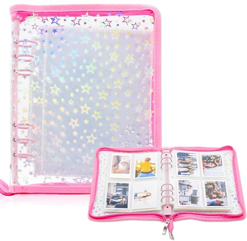 Kpop - Carpeta para tarjetas fotográficas con 30 páginas interiores de 4 bolsillos, tapa A5 de 6 anillos con cremallera para organizar tarjetas coleccionables (Rosa)