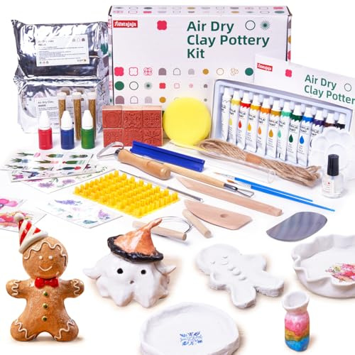Fiestajaja Ton Töpferset fur Zuhause fur Anfanger, DIY Lufttrocknend Ton Set, 48-teiliges Ton-Set mit Acrylfarben, Stempeln, Modellierwerkzeugen und Schritt-für-Schritt-Anleitung