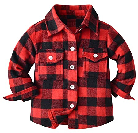 Kinder Jungen Mädchen Flanell Hemd Jacke Karo Langarm Lapel Shacket Baby Zwei Taschen Herbst Winter Langarm Hemd Top Coat Outwear Trendy Formelle Anlässe Oberteile Mantel Kleidung (Red, 2-3 Years)
