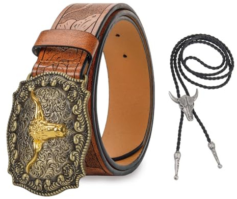 WPNCYK 2PCS Cowboy Belt, PU-Leather Cowboy Belts for Men and Women with Leather Tie Necktie, Western Belt with Floral Engraved Buckle Leather Jeans Belt, Cowboy Belt for Men Theme Events (Brown)