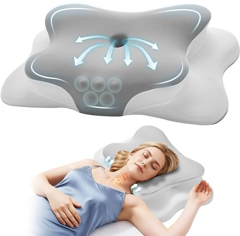 Autsel Almohada Cervicales y Cuello Viscoelástica con Diseño Mariposa – Almohada Ortopédica para Aliviar Dolor, 2 Alturas (11/13cm), Ideal para Dormir de Lado, Boca Arriba y Abajo, Gris Claro-Blanco