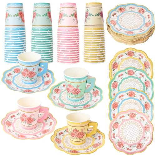 saerryor Set di 60 tazze da tè e piattini in carta con motivo floreale, tazze da tè e piattini vintage, tazze da 255 g con manico e piatti di carta da 17,8 cm, per decorazioni di compleanno