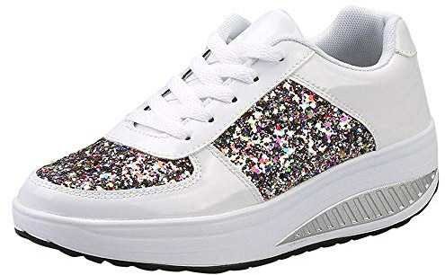 Sneaker damer glitter eleganta, festliga skor damer paljetter sneakers gym fritidsskor glänsande promenadskor mjuk kilklack joggingskor karneval glitterskor, platå sportskor