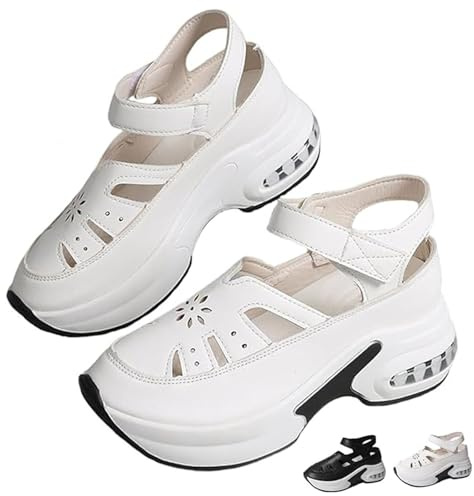 Sandali da donna traforati con zeppa e plateau, traspiranti, ortopedici, in pelle, punta chiusa, sandali con plateau, bianco, 38 EU
